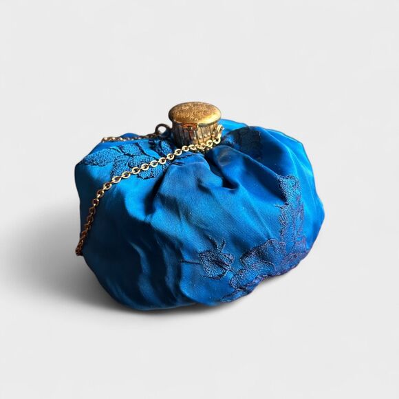 Vintage Wizard Purse Blue Silk Evening Bag Embroidered Fabric Gold Cap & Chain - Picture 1 of 9